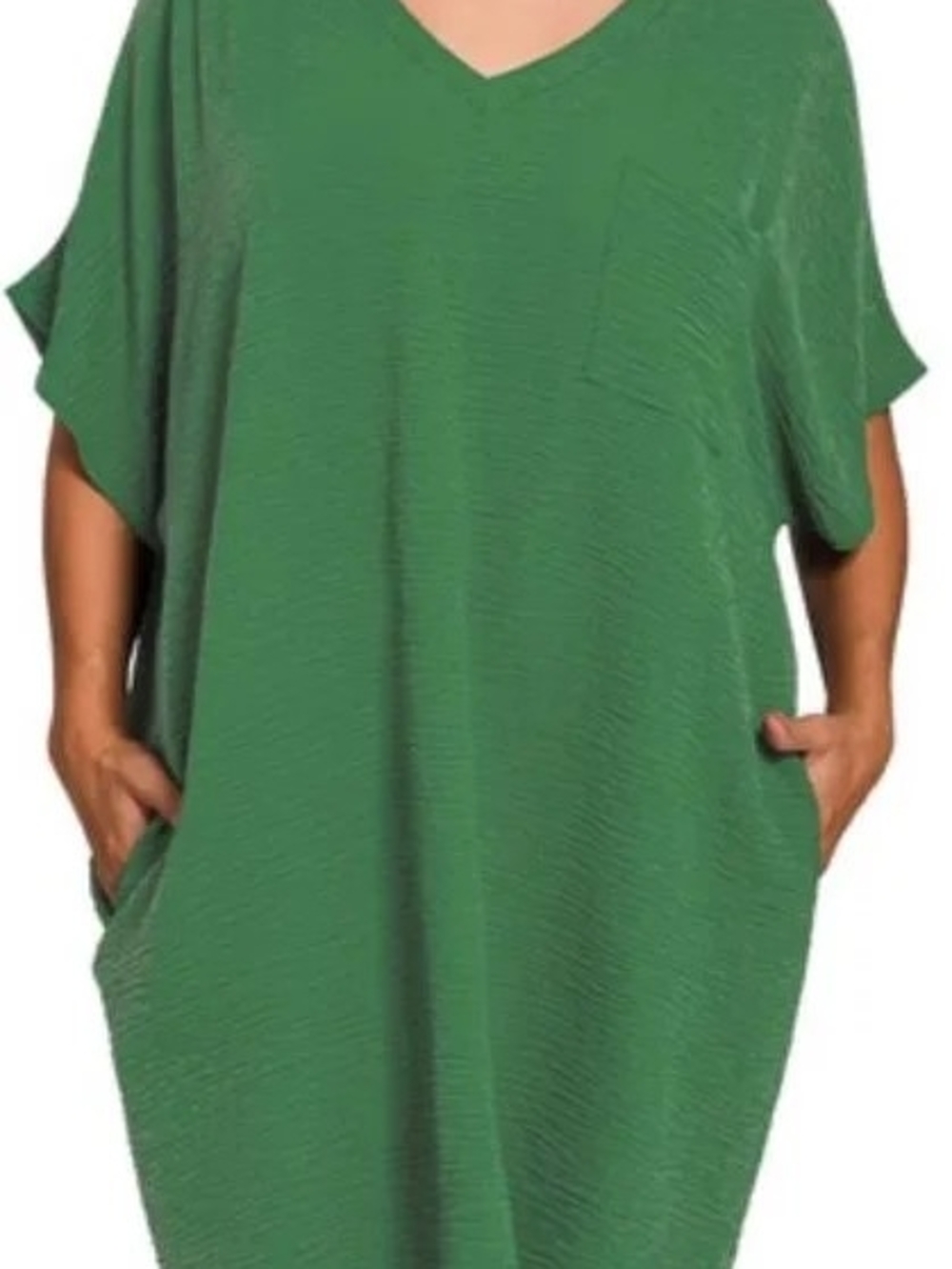 Relaxed V-Neck Green Midi Dress with Pockets